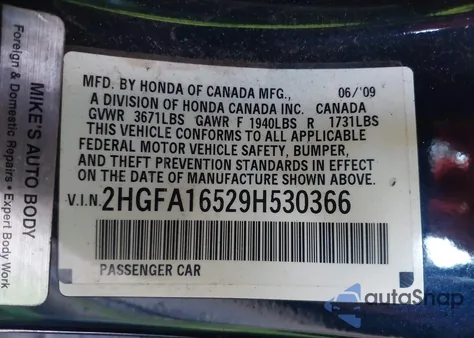 2009 Honda Civic Lx from USA, damaged, VIN 2HGFA16529H530366